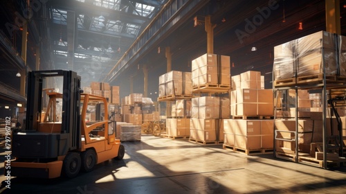 b'A large warehouse with a forklift and many boxes' © Adobe Contributor