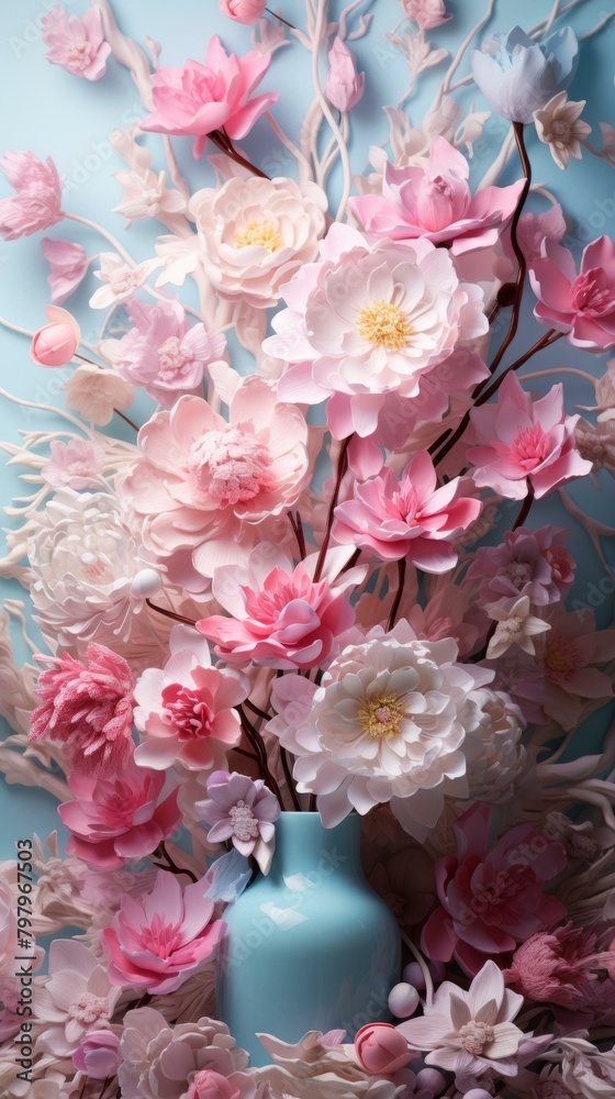 b'Pink and white flowers in a blue vase' b'Pink and white flowers in a blue vase'