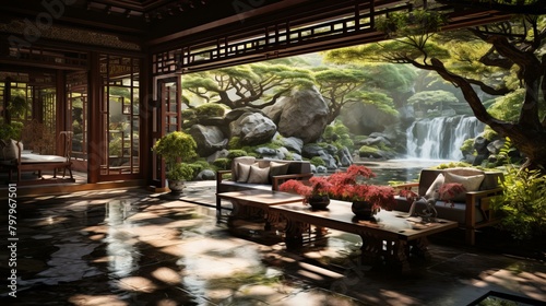 b'Tranquil Japanese Garden with Modern Interior'