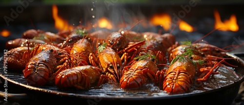 b'Grilled crayfish on a flaming hot grill'