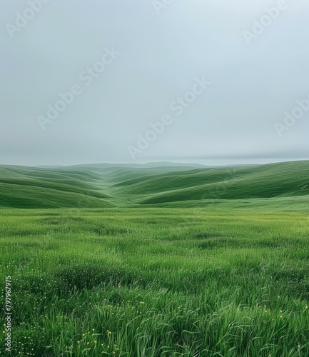 b Green rolling hills under a grey sky 