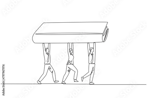Continuous one line drawing a group of businessmen and businesswomen work together carrying a book. Read to broaden the knowledge. For better business. Single line draw design vector illustration