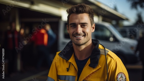 b'Portrait of a smiling firefighter in protective gear'