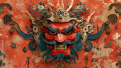 b'A red and green illustration of a Chinese guardian lion mask with a fierce expression' photo
