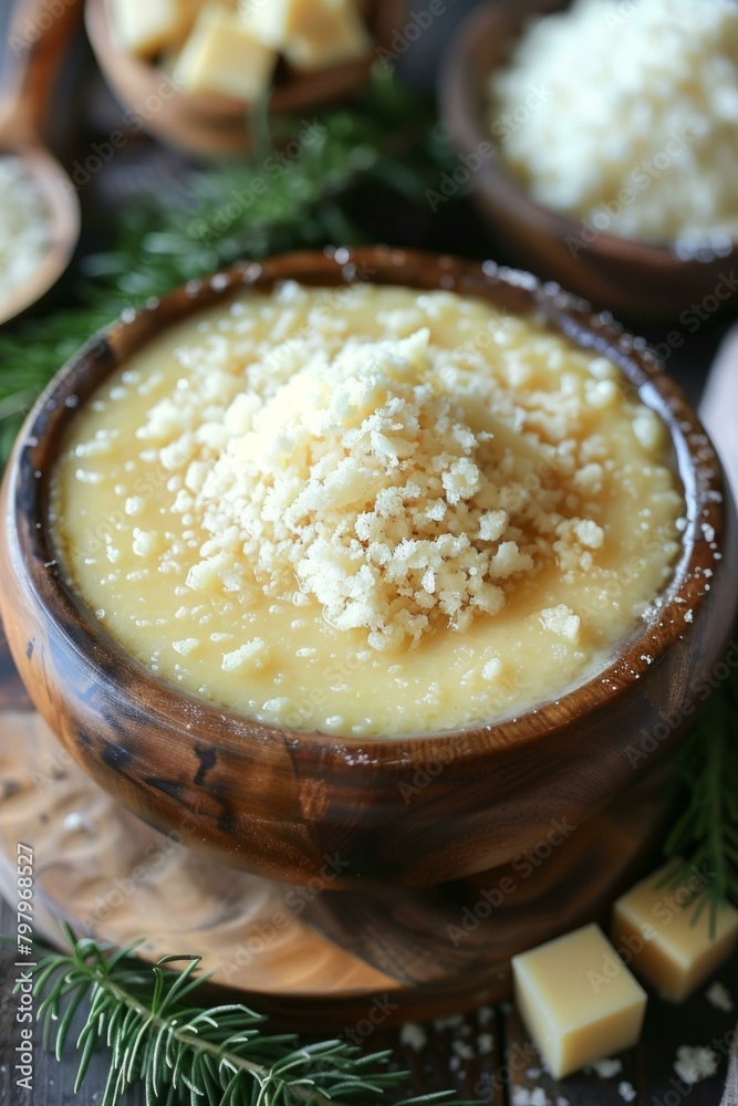 b'Polenta with crispy cheese topping' b'Polenta with crispy cheese topping'