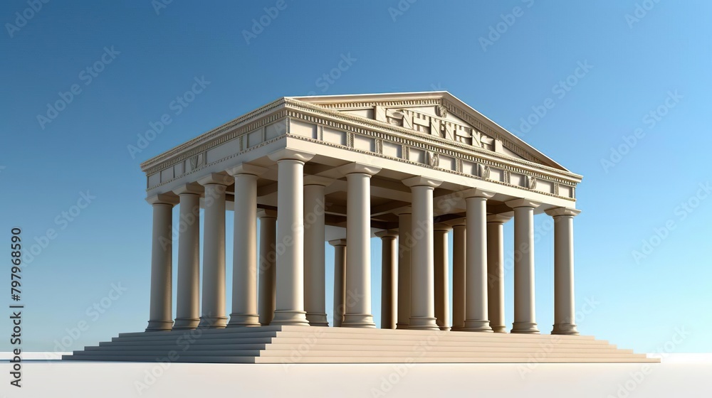 3D rendering of a neoclassical building facade with iconic Greek columns against a clear sky.