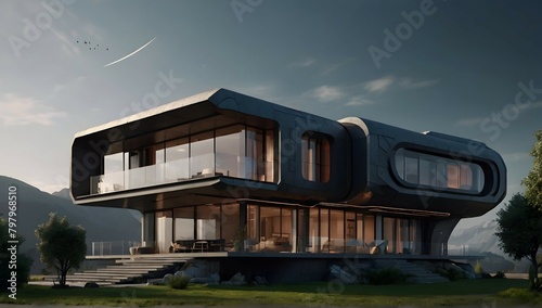 Beautiful futuristic house, High Definition HD, High Detail, UHD Pen and Ink Art, Perfect Composition, Detailed Structure, Crazy Octane Rendering, Artstation Trends, 8k Art Photography, Photorealism C