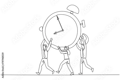 Continuous one line drawing a group of businessmen and businesswomen work together carrying alarm clock. Working together feels easier. Completing deadline. Single line draw design vector illustration