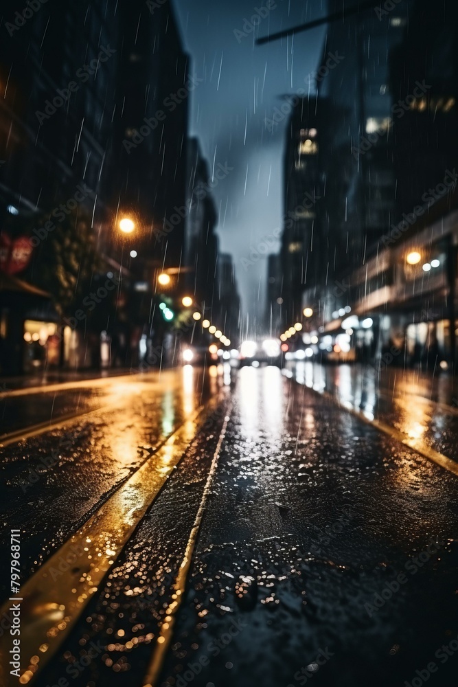 b'Rainy city street with yellow tram tracks and blurred lights in the background'