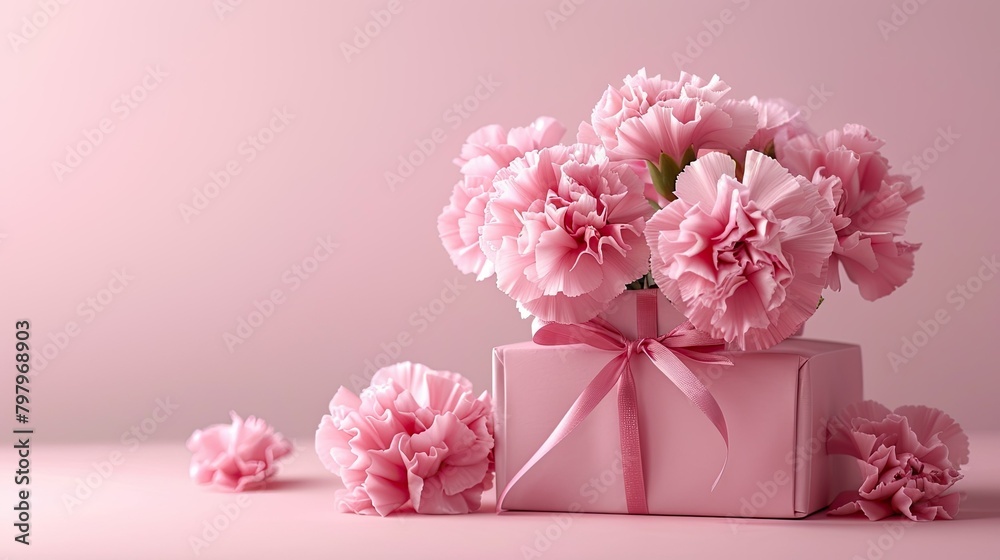 Celebrate Mother s Day and Valentine s Day with a charming gift concept featuring a beautiful pink carnation bouquet elegantly presented in a wrapped box set against a light pink background Celebrate Mother s Day and Valentine s Day with a charming gift concept featuring a beautiful pink carnation bouquet elegantly presented in a wrapped box set against a light pink background