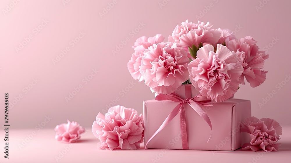 Celebrate Mother s Day and Valentine s Day with a charming gift concept featuring a beautiful pink carnation bouquet elegantly presented in a wrapped box set against a light pink background