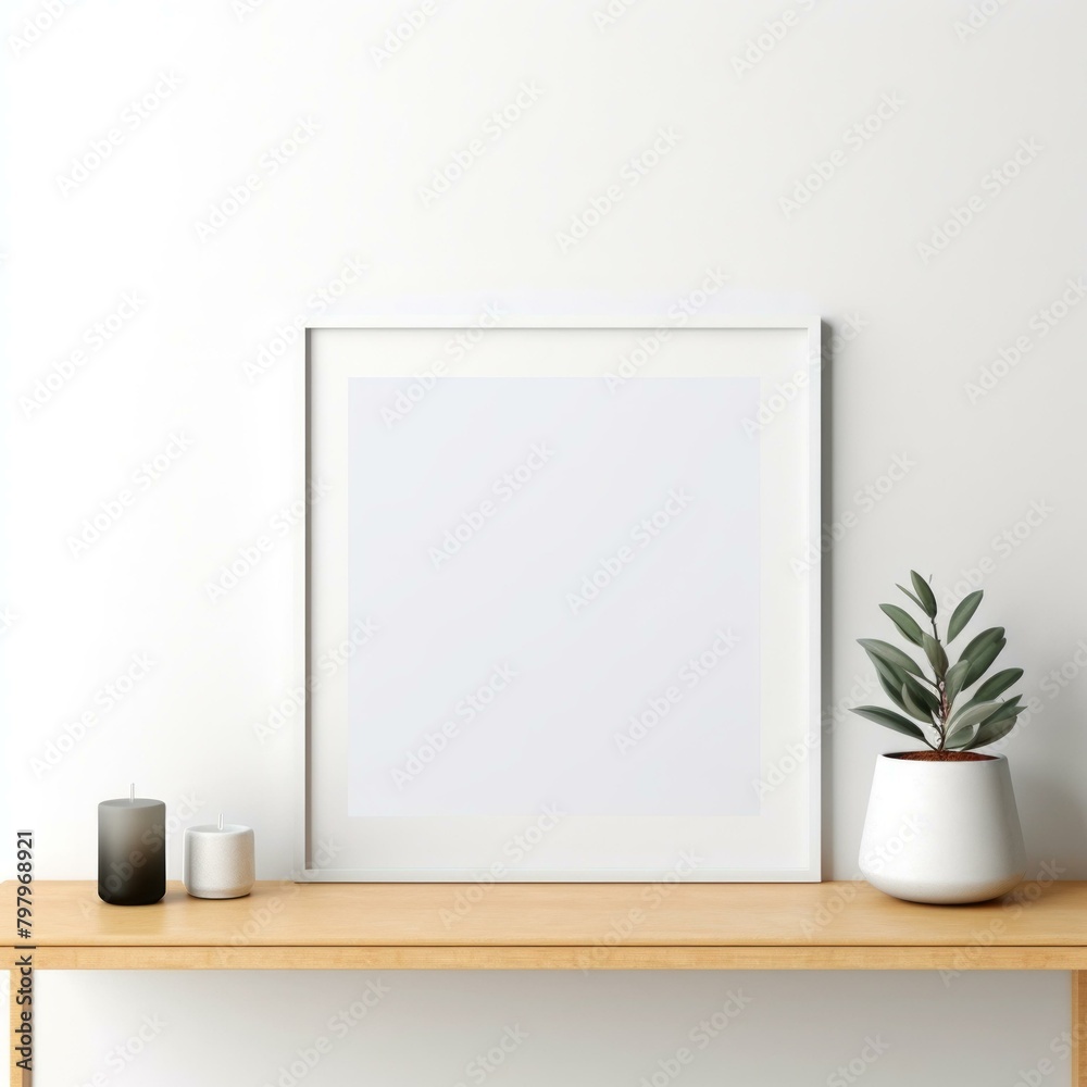 b'White frame mockup with a potted plant and a candle on a wooden table' b'White frame mockup with a potted plant and a candle on a wooden table'