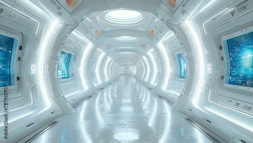 3D rendering of a futuristic scifi hallway with computer monitor screen wall. Concept 3D Rendering, Futuristic SciFi, Hallway Design, Computer Monitor Wall, Technology Display