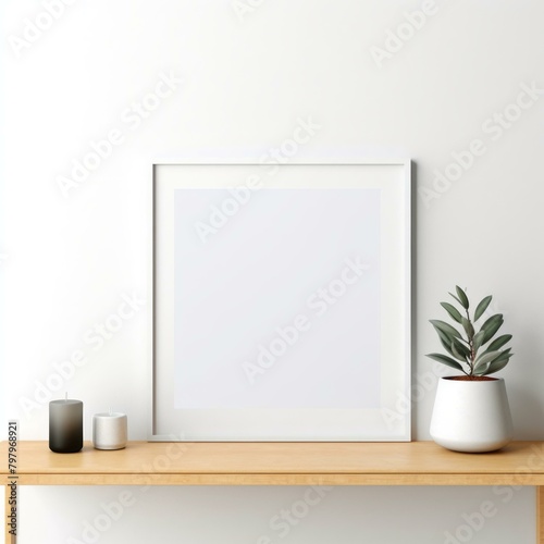 b'White frame mockup with a potted plant and a candle on a wooden table'
