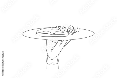 Single one line drawing waiter holding food tray serving steak. Tenderloin. Sirloin. Rib eye. Wagyu. Has a level of maturity; rare, medium, well done. Continuous line design graphic illustration