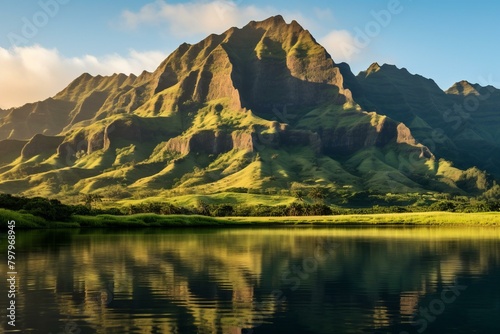 b'Majestic mountain landscape with a calm lake reflecting the beauty of nature'