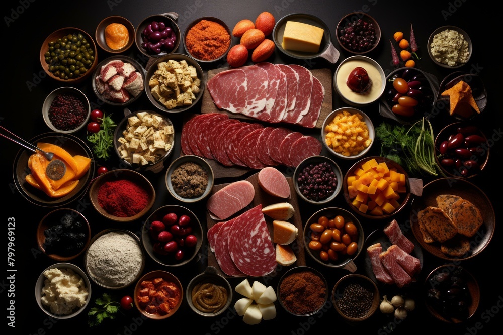 b'A variety of ingredients are arranged on a dark surface.' b'A variety of ingredients are arranged on a dark surface.'