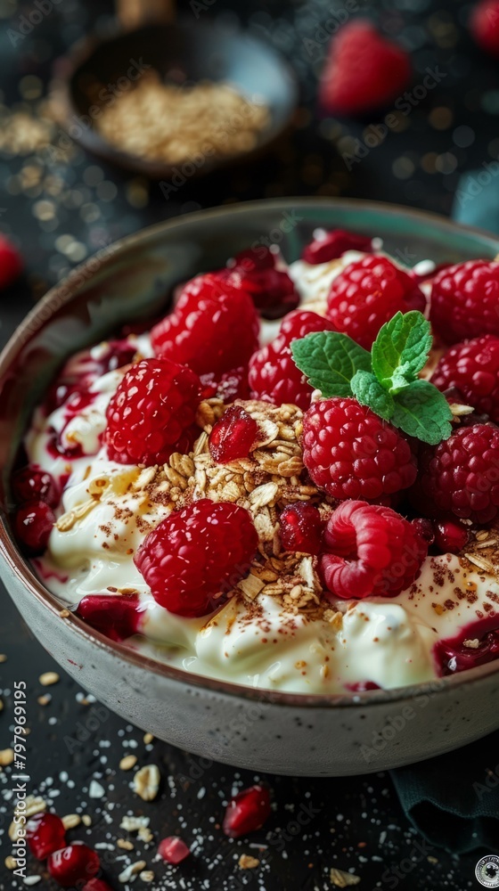 b'Raspberries and cream with granola' b'Raspberries and cream with granola'