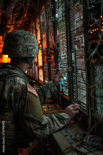 b'A soldier operates a computer system in the back of an aircraft.'