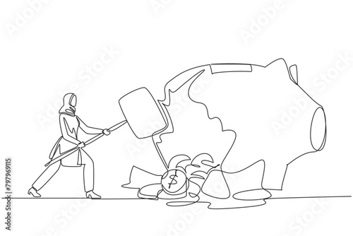 Single one line drawing Arab businesswoman hit big piggy bank with big hammer until cracked. Coins scattered around. Financial plans in disarray. Problem. Continuous line design graphic illustration