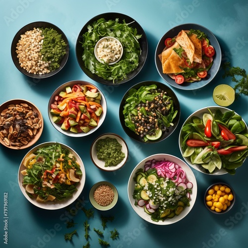 b'Various healthy salads with fresh vegetables and greens' © Adobe Contributor