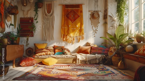 A cozy bohemian living room with a mix of colorful throw pillows, tapestries, and a macrame wall hanging