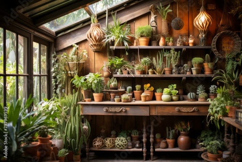 b'Indoor Garden with Plants on Shelves and a Wooden Table'