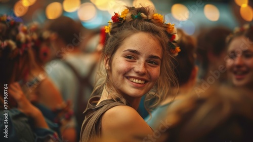 b Portrait of a young woman with freckles and a flower crown at a festival 