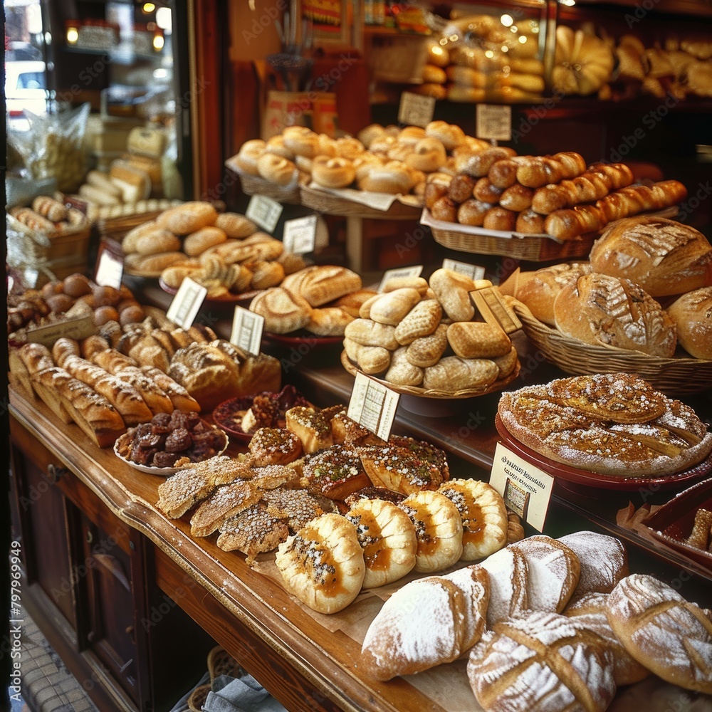 Loaf of bread and other baked goods on wooden shelves in a bakery