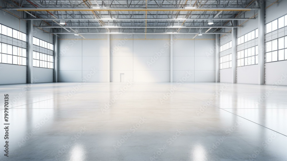 b'Large empty warehouse with shiny concrete floor and large windows' b'Large empty warehouse with shiny concrete floor and large windows'