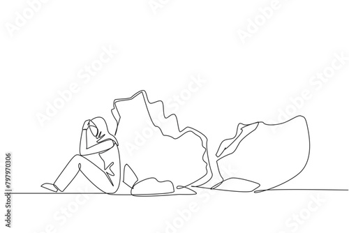 Single one line drawing Arab businesswoman sit slump next to a large, destroyed big piggy bank. Financial problem. Too much debt. Bankrupt. Failed business. Continuous line design graphic illustration