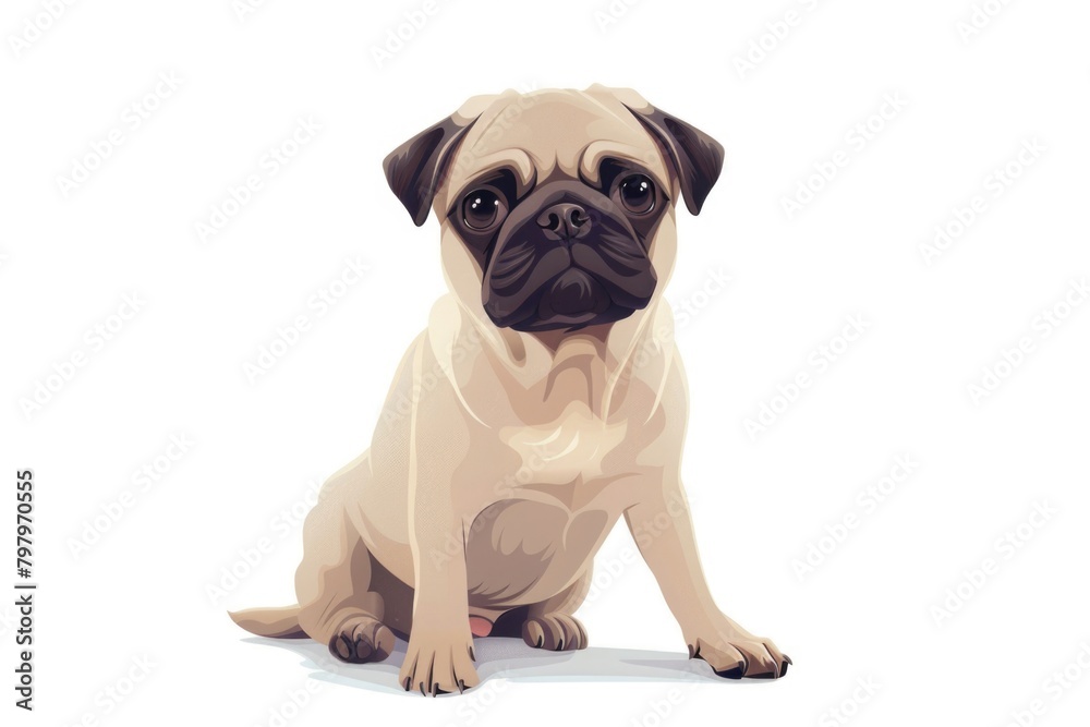 A cute pug dog sitting on the ground, making eye contact with the camera. Suitable for pet-related designs
