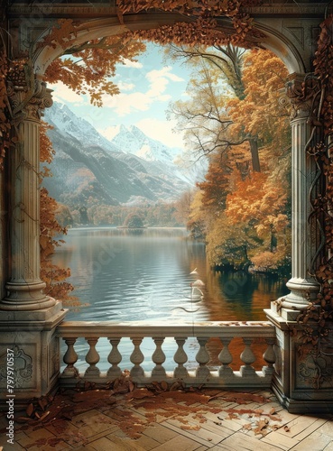 Balcony overlooking a lake in autumn