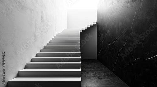 Stylized stairway ascending into nothingness in a monochromatic scene.