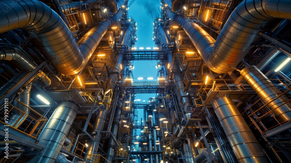 b'A photo of the inside of an oil refinery at night'