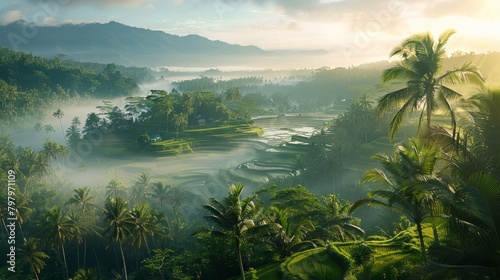 Terraced rice paddies enveloped by tropical palms at dawn. © Zilfa