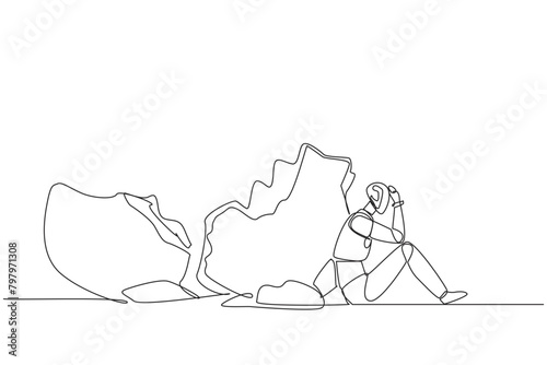 Single one line drawing a robot sit slump next to a large, destroyed big piggy bank. Artificial intelligence is in danger of failing. Bankrupt. Future tech. Continuous line design graphic illustration