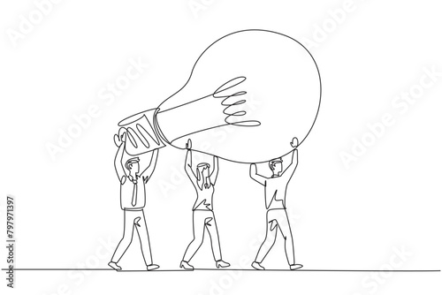Single continuous line drawing a group of businessmen and businesswomen work together to carrying a lightbulb. Providing innovation. Brilliant idea. Enlightening. One line design vector illustration