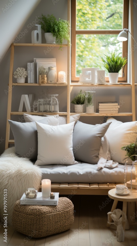 Fototapeta premium b'A cozy living space with a comfortable couch, pillows, and bookshelves filled with plants and other knick-knacks.'