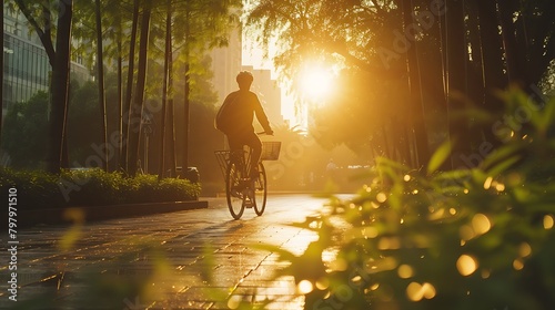 A cyclist riding a bamboo bicycle through a city park in the early morning photo