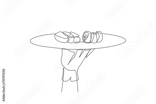 Single continuous line drawing waiter holding food tray serving sushi. Fish and vegetables wrapped in rice and mixed with vinegar. Typical food from Asia. Seafood. One line design vector illustration