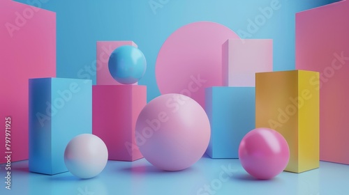 b'3D rendering of colorful geometric shapes with balls'