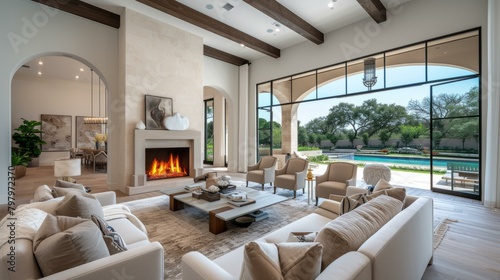 b Modern luxury house interior living room with fireplace and swimming pool view 