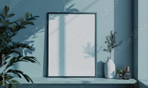 A blank image frame mockup on a light blue-gray wall in a minimalistic modern interior room