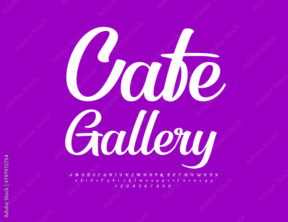 Vector stylish poster Cafe Gallery. Beautiful Cursive Font. Modern of Alphabet Letters and Numbers set.
