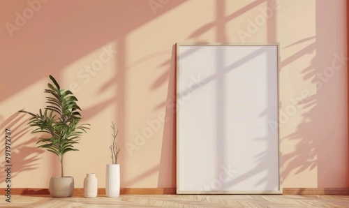 A blank image frame mockup on a pale peach wall in a Scandinavian-style interior room