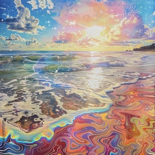 A painting of a beach with a psychedelic twist.