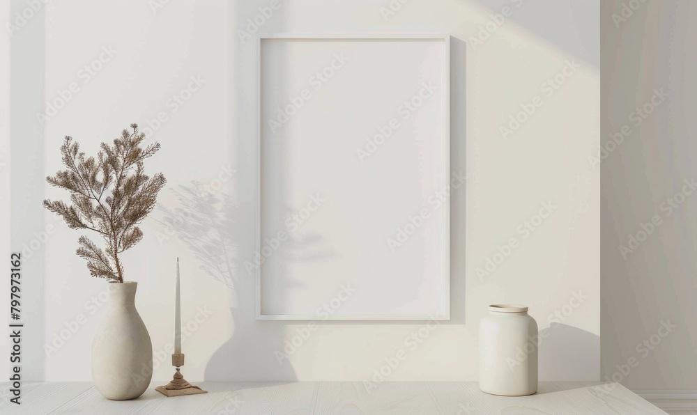 A blank image frame mockup on a white wall in a minimalistic modern interior room A blank image frame mockup on a white wall in a minimalistic modern interior room