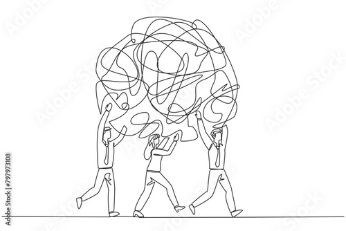 Single continuous line drawing group of businessmen and businesswomen work together carrying heavy messy circle. Eliminates excess anxiety. Reduce stress together. One line design vector illustration