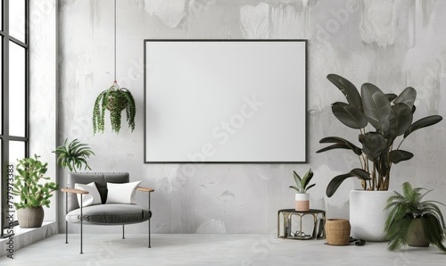 A blank image frame mockup on a white wall in a minimalistic modern interior room